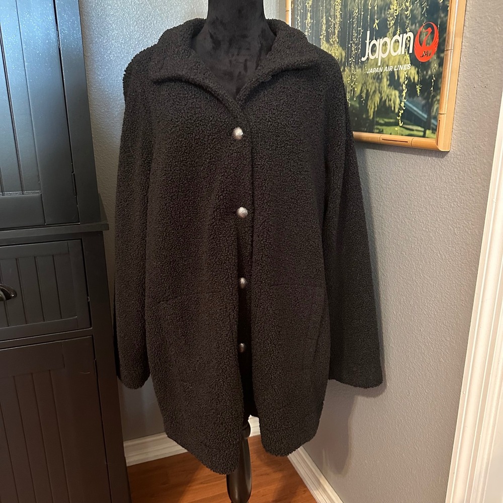 Susan Graver Weekend Jacket Womens XL Black Sherpa Fleece Button Up Classic